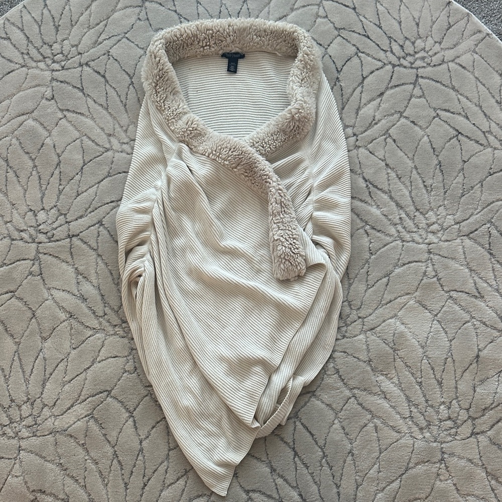 White House Black Market Cream Sweater with Fuzzy Collar